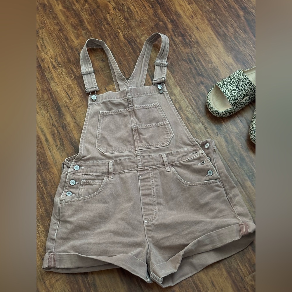 Women's Short Denim Overalls - Taupe
